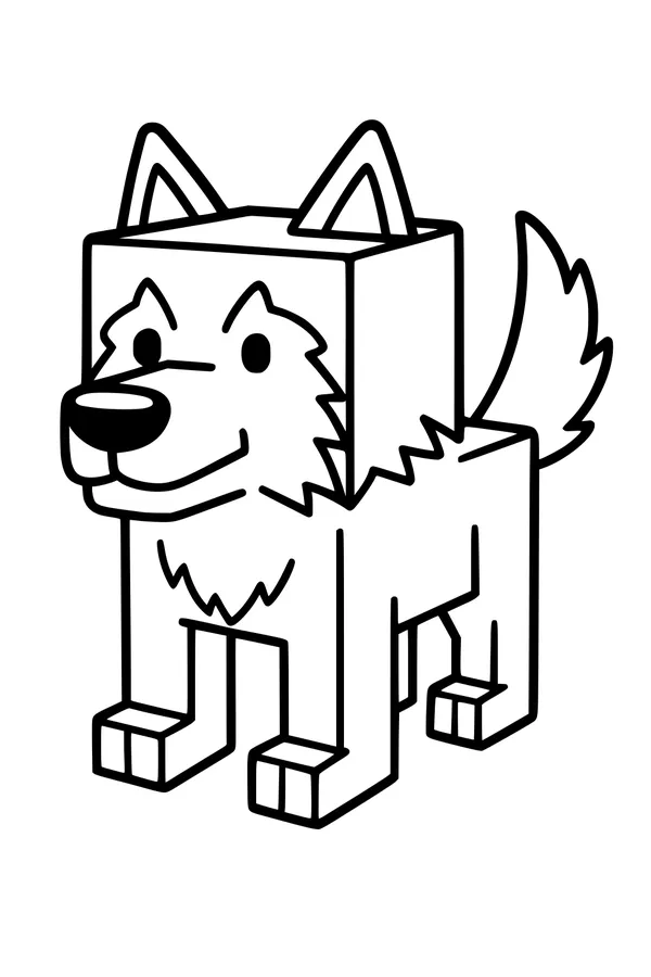 Free Wolf Coloring Page - Blocky Cartoon Wolf With Bushy Tail (Printable PDF)