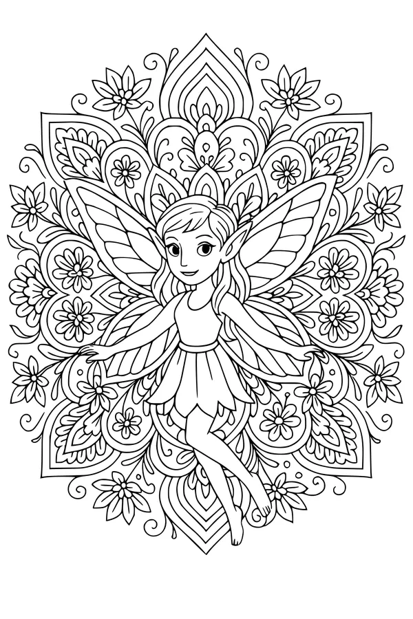Free Fairy Coloring Page - Butterfly Wings and Floral Mandala (Printable PDF)