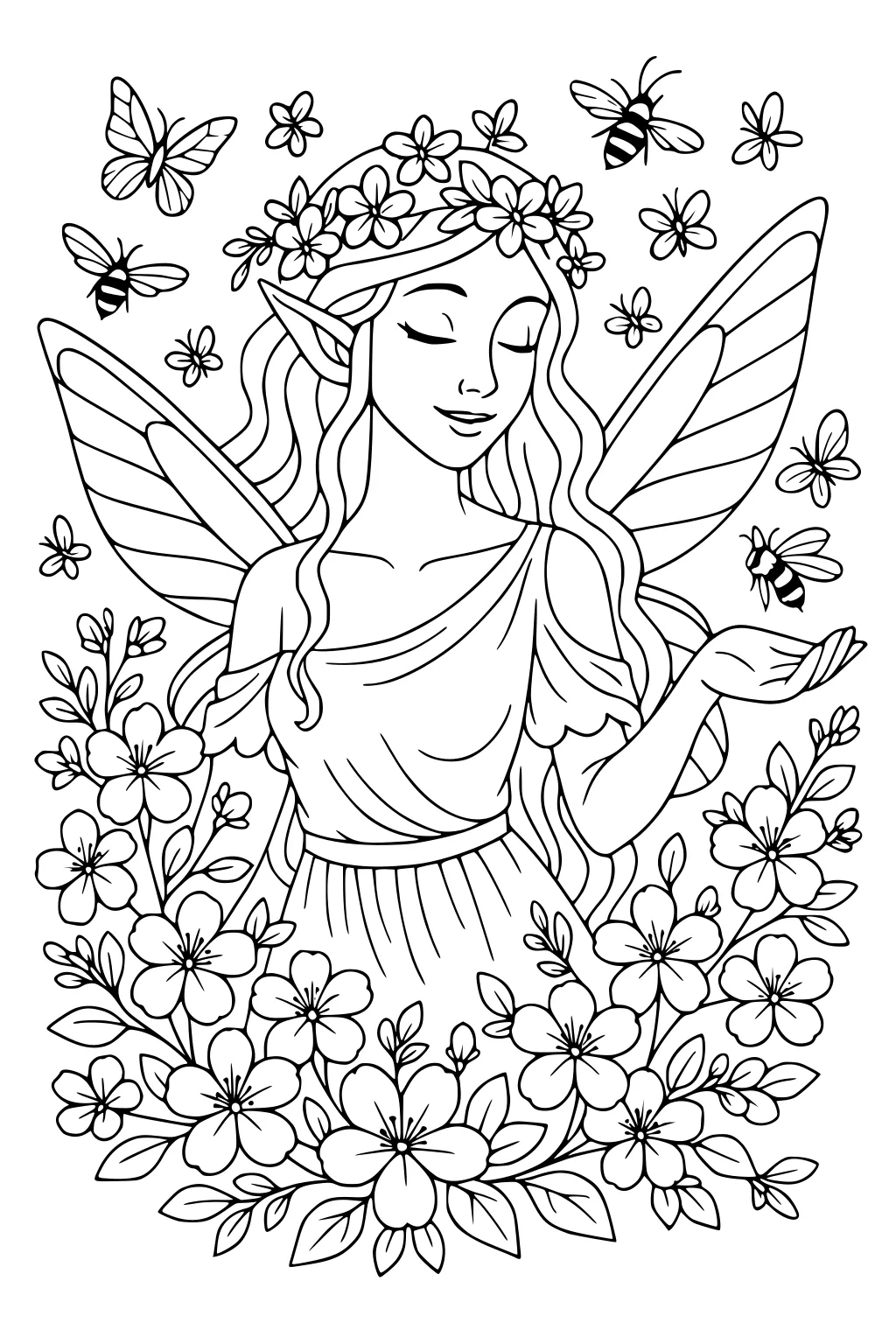 Fairy girl with flower crown and striped wings amid blossoms, butterflies, and bees, eyes closed and hand raised in a garden.