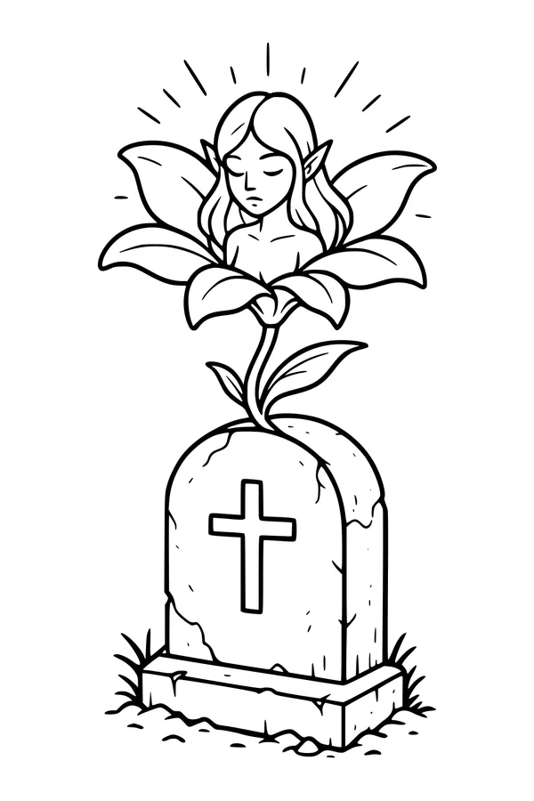 Free Fairy Coloring Page - Blossom Spirit at Quiet Gravestone (Printable PDF)
