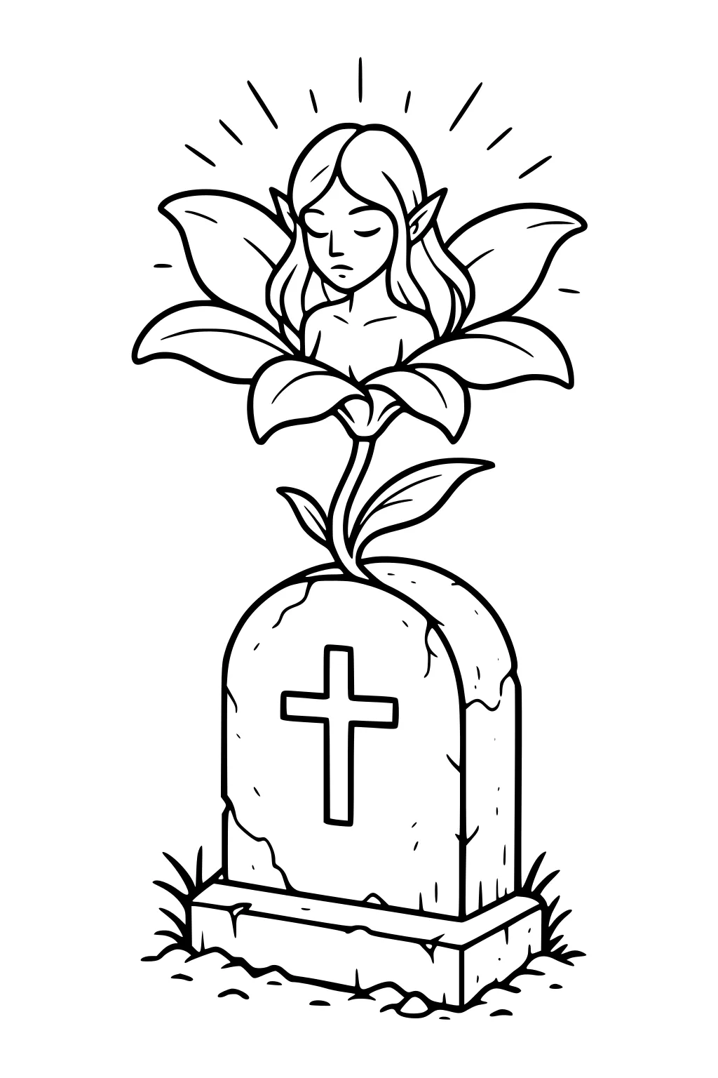 Fairy girl rises from a flower above a cross-marked gravestone, with rays around her head and grass and stones at the base.