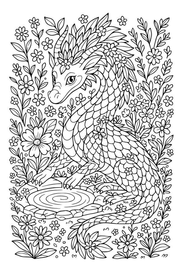Free Dragon Coloring Page - Gentle Blossom Pond Guardian (Printable PDF)