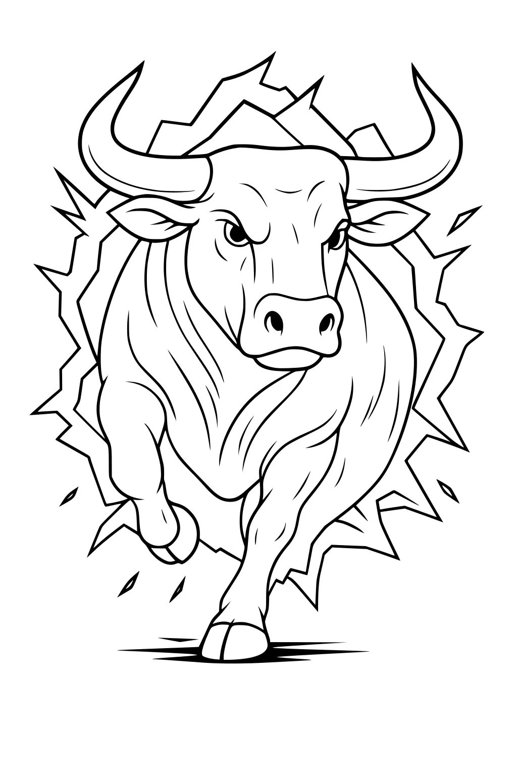 A muscular bull dashes forward with one hoof raised, horns wide, breaking through a jagged wall.