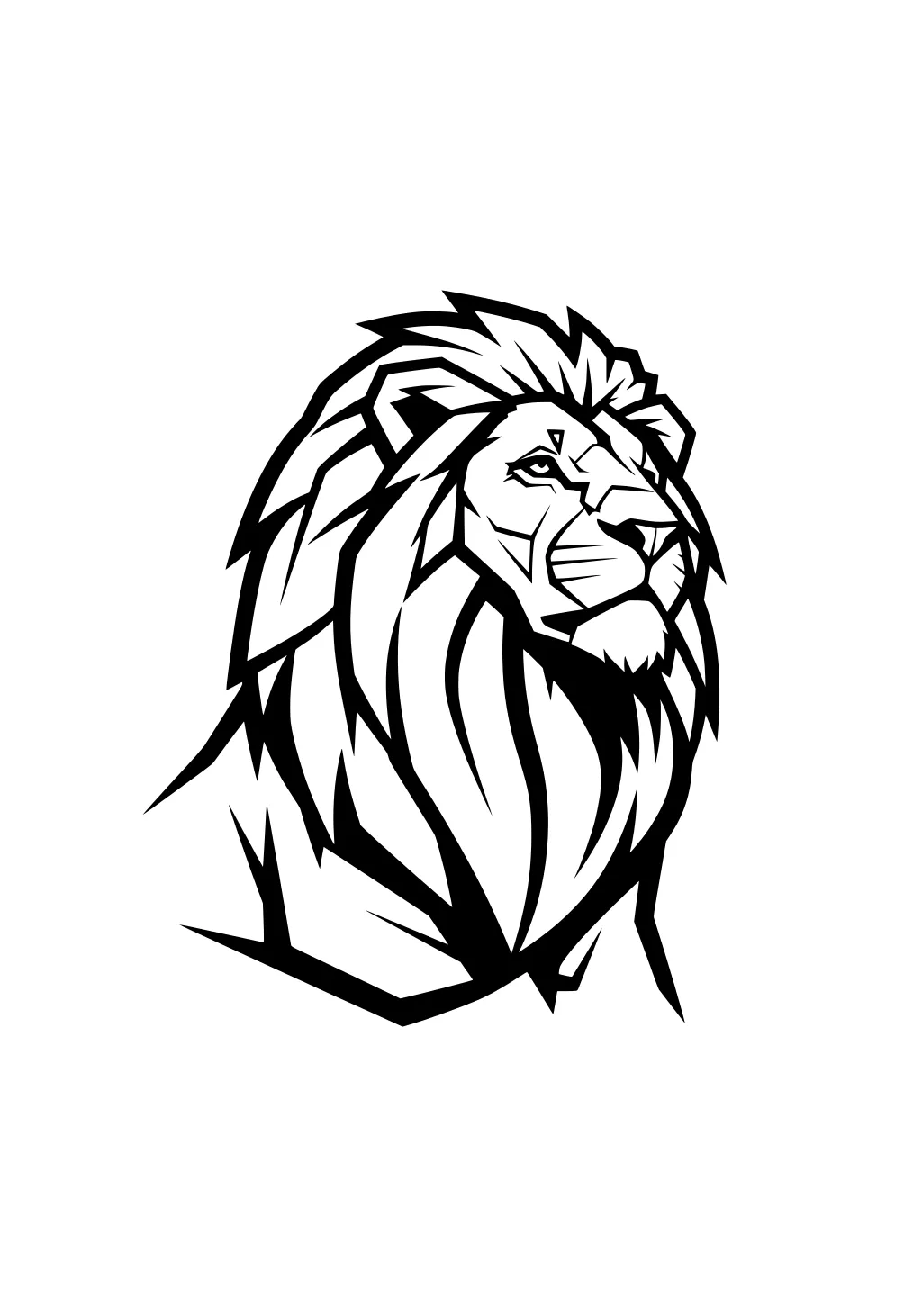 Stylized lion with large angular mane, facing right, drawn in thick bold black lines.