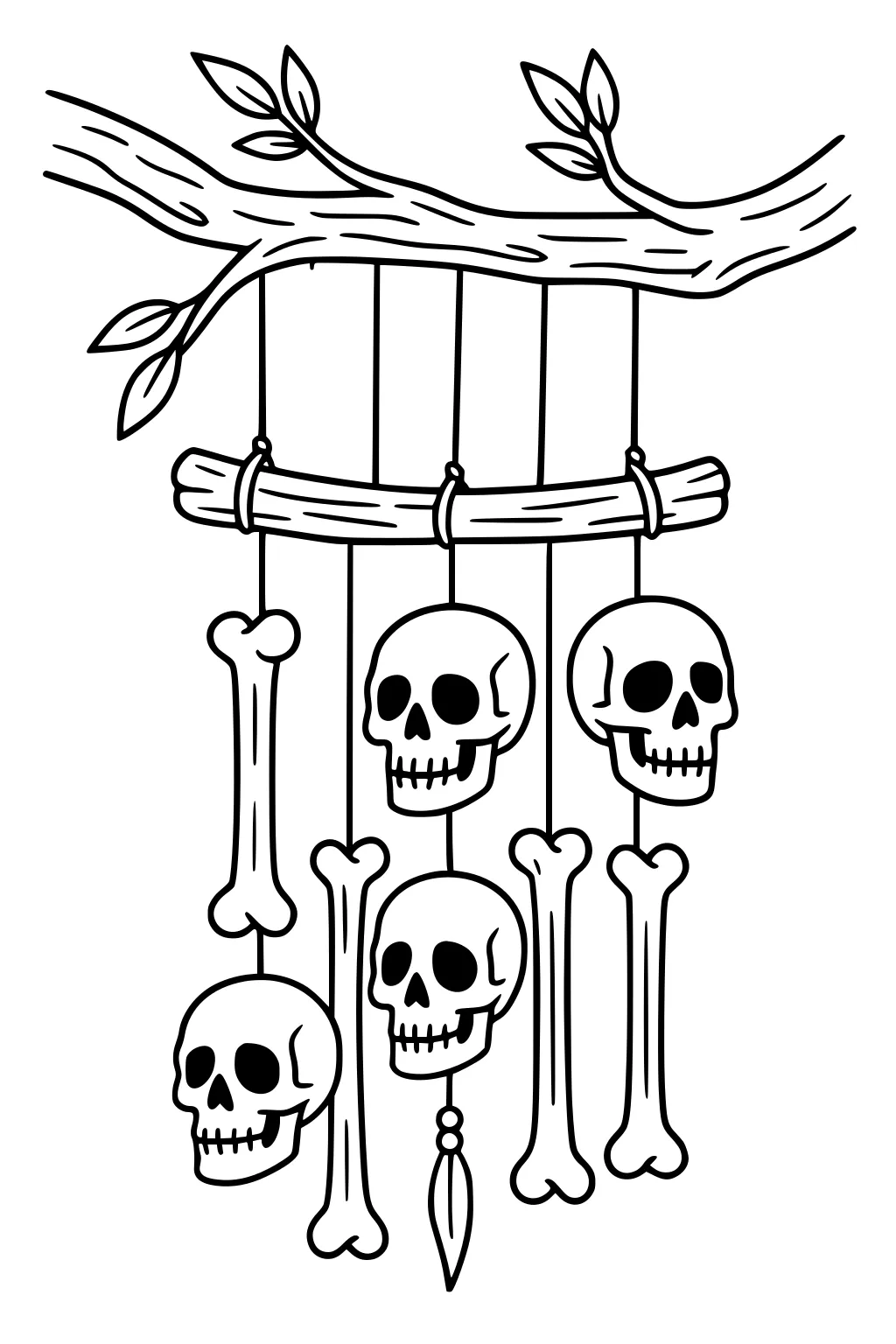 Skull and bone wind chime hanging from a leafy tree branch, with four skulls and long bones dangling on strings.