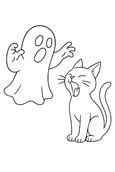 Free Halloween Ghost and Sleepy Cat Coloring Page - Cute Spooky Cartoon Scene (Printable PDF)