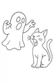 Free Halloween Ghost and Sleepy Cat Coloring Page - Cute Spooky Cartoon Scene (Printable PDF)