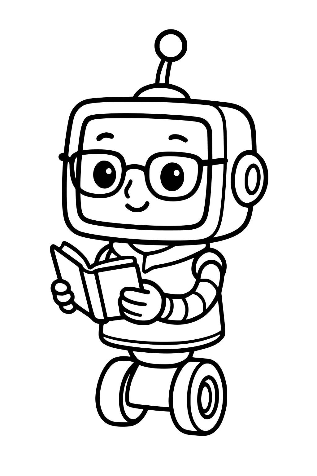 Cartoon robot boy with glasses reading a book, smiling, with antenna, striped arms, and two big wheels on a blank background.