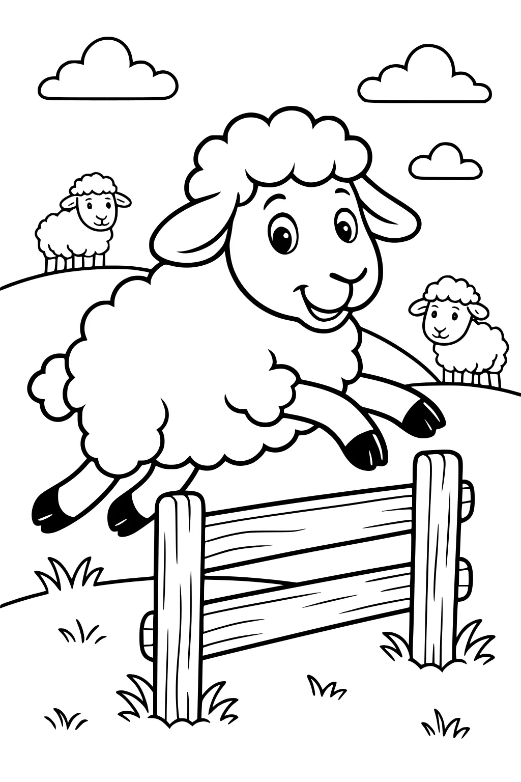 Smiling sheep jumps over a wooden fence with two sheep on grassy hills and scattered clouds above.