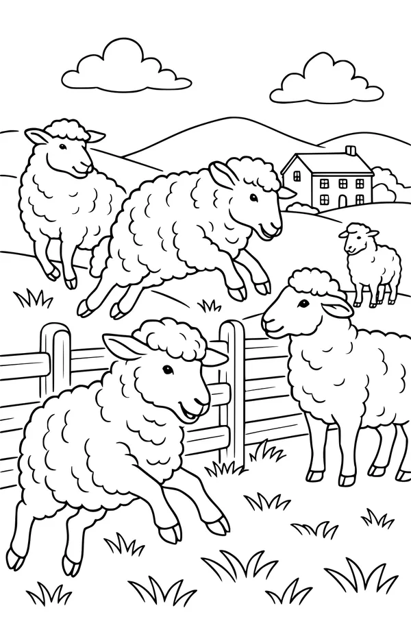 Free Sheep Coloring Page - Spring Flock by the Farm Fence (Printable PDF)