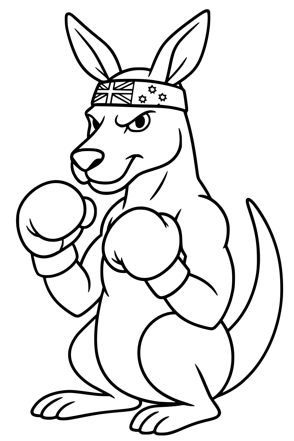 Cartoon kangaroo with boxing gloves and Australian headband, smiling and standing in a boxer pose.