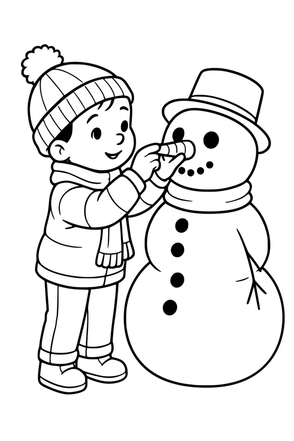 Free Snowman Coloring Page - Boy Adding Carrot Nose (Printable PDF)