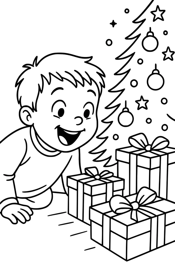 Free Christmas Boy Coloring Page - Gifts Under the Tree (Printable PDF)