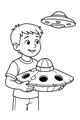 Free UFO Coloring Page - Boy With Homemade Flying Saucer Toy (Printable PDF)