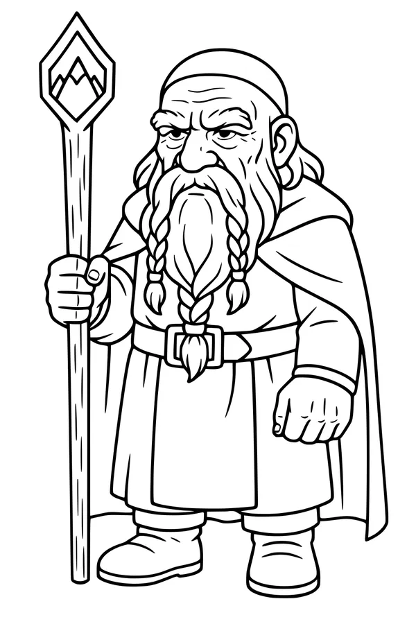 Free Dwarf Coloring Page - Bearded Mountain Guardian With Staff (Printable PDF)