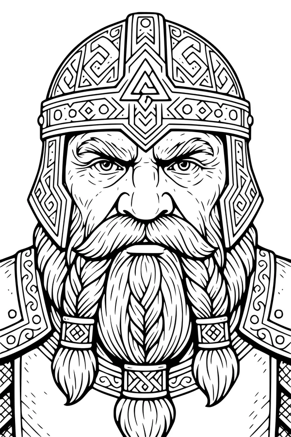 Free Dwarf Warrior Coloring Page - Braided Beard Portrait (Printable PDF)
