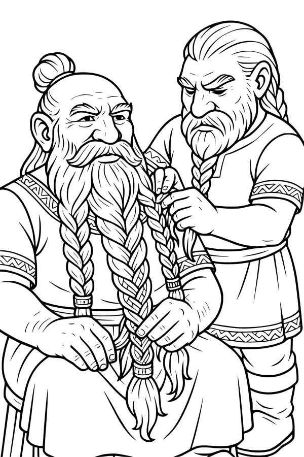 Free Dwarf Coloring Page - Friends Braiding a Long Beard (Printable PDF)
