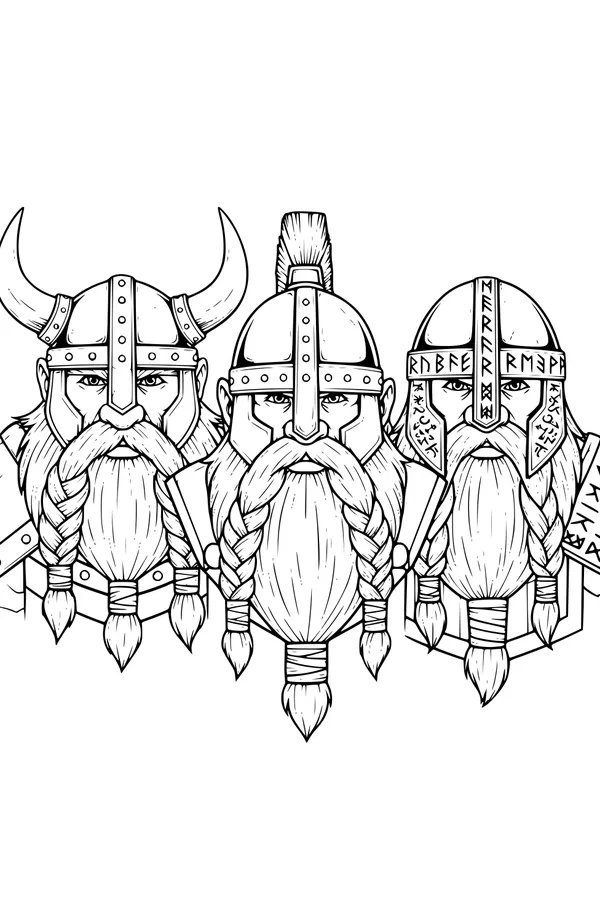 Free Dwarf Warriors Coloring Page - Braided Beards and Viking Helmets (Printable PDF)
