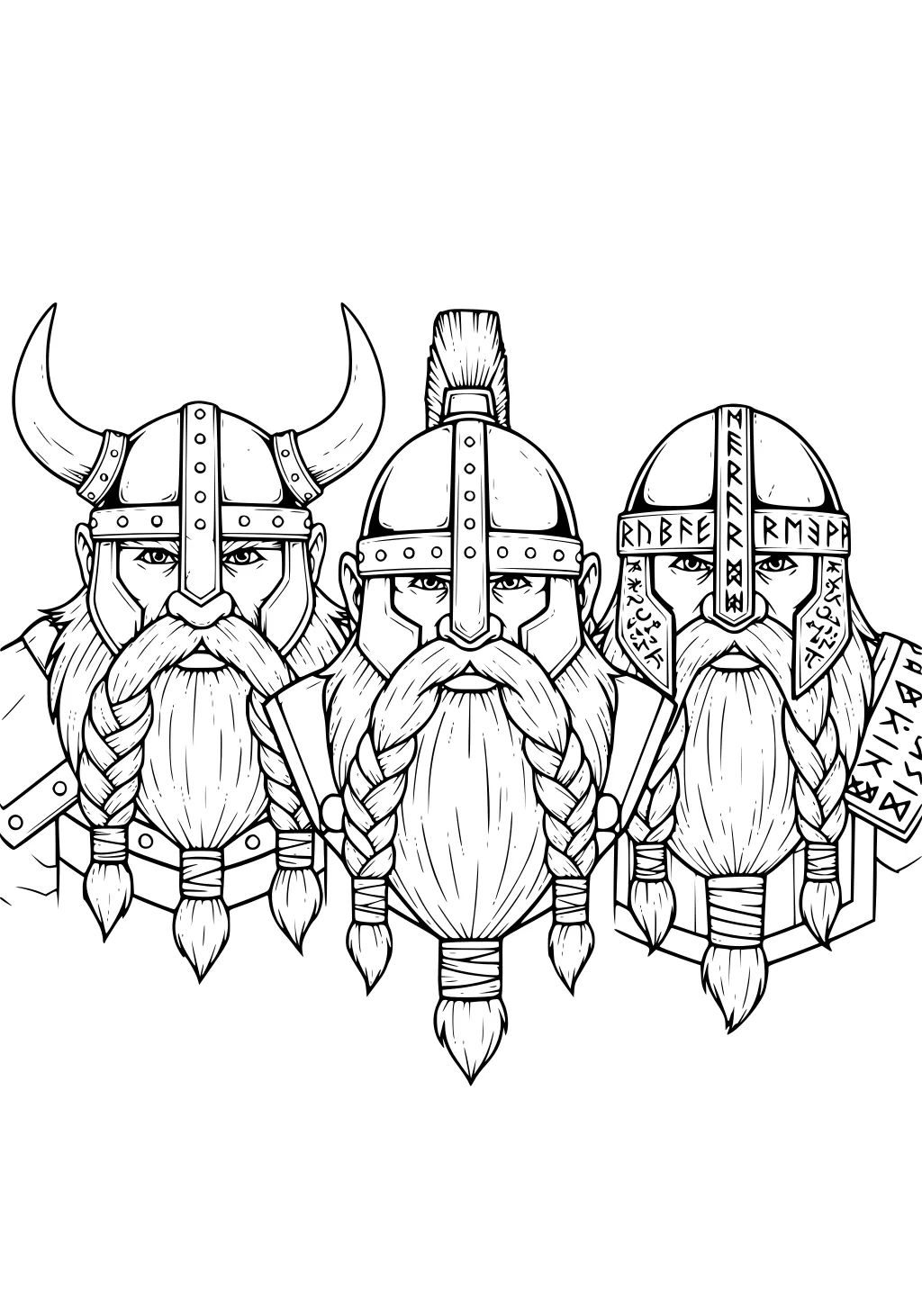 Three dwarf warriors with braided beards and helmets; one horned, one crested, one with runes; fantasy line art, shoulder armor visible.