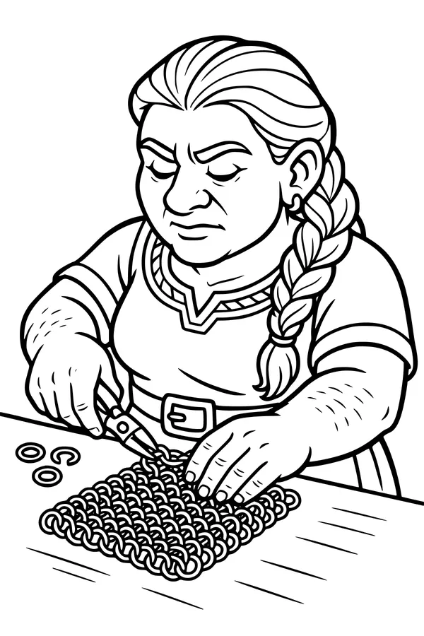 Free Dwarf Woman Coloring Page - Crafting Chainmail in a Fantasy Workshop (Printable PDF)