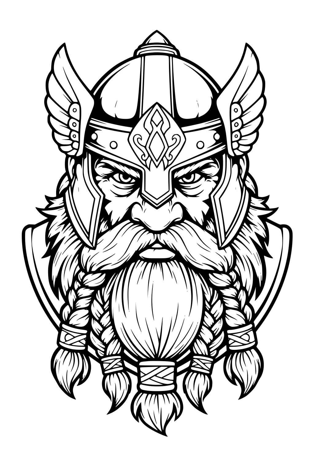 Dwarf man with winged helmet, braided beard, mustache, and shoulder plates in detailed black-and-white line art.