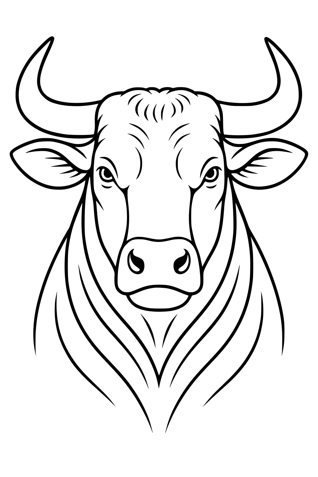Bull face with large horns, two ears, wide nose, and curved neck lines drawn in black outline.