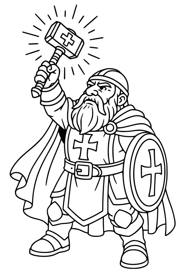 Free Dwarf Paladin Coloring Page - Hammer Raised In Holy Armor (Printable PDF)