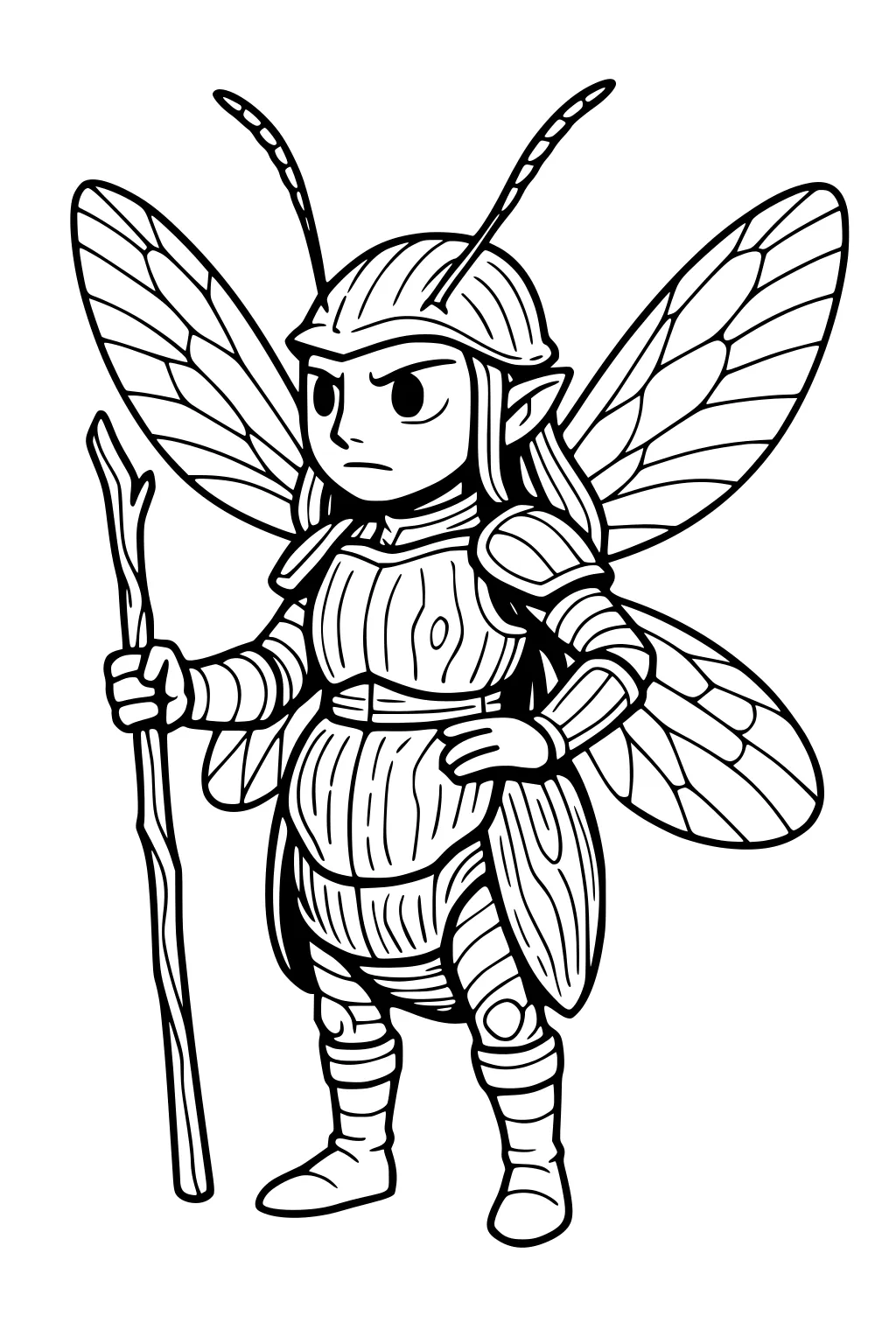 Fairy girl in wood armor with wings and antennae holds a staff, hand on hip, stern face, cartoon line art.