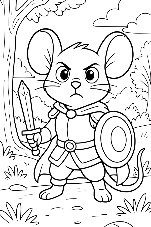 Free Mouse Knight Coloring Page - Sir Whiskers on the Forest Path (Printable PDF)