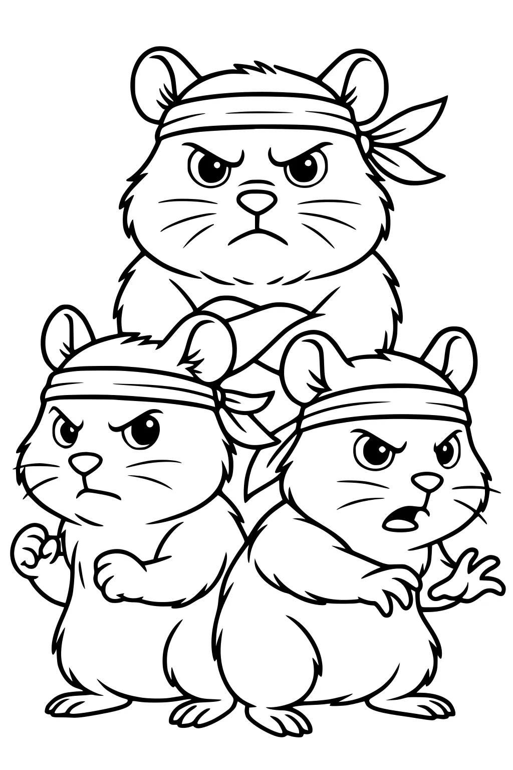 Three hamsters with headbands stack in a triangle, each with a serious face and paws raised like tiny martial artists.