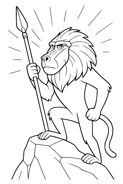 Free Baboon Coloring Page - Brave Cartoon Baboon With Spear on Rocky Peak (Printable PDF)