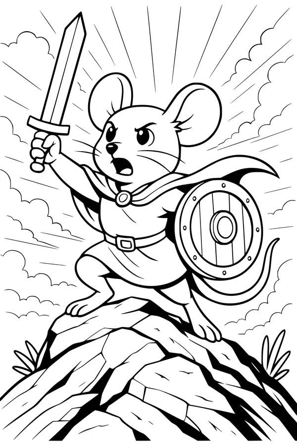 Free Mouse Coloring Page - Brave Knight on Rocky Hill (Printable PDF)