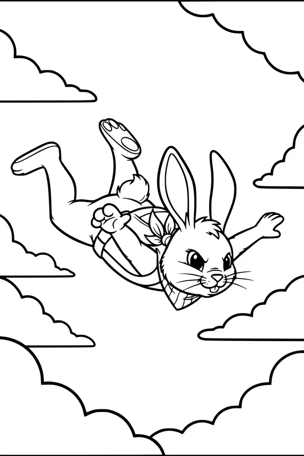 Free Rabbit Coloring Page - Brave Bunny Skydiving Through Clouds (Printable PDF)