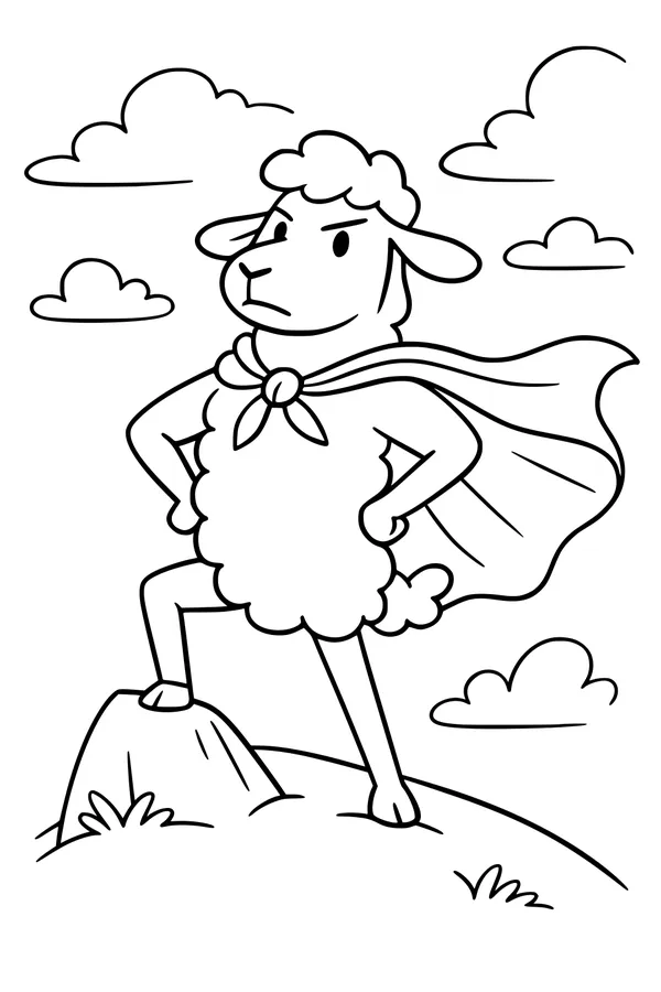 Free Sheep Coloring Page - Heroic Super Sheep on a Hilltop (Printable PDF)