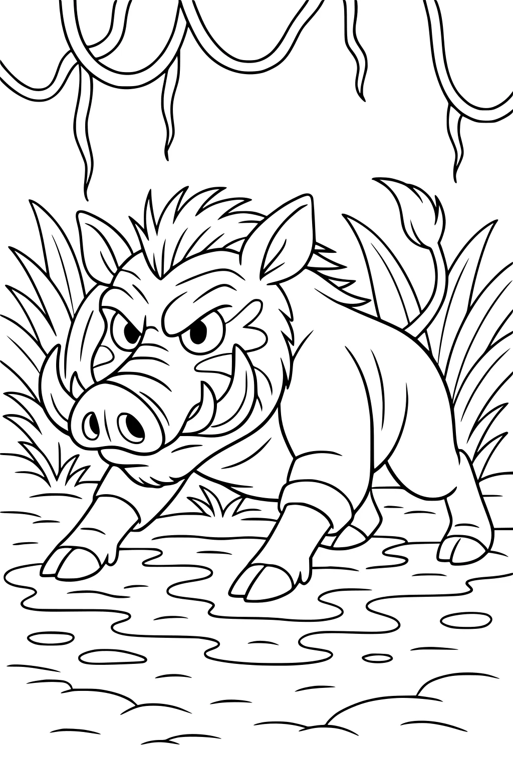 Cartoon warthog with large tusks and spiky mane in mud, surrounded by jungle grass and hanging vines.