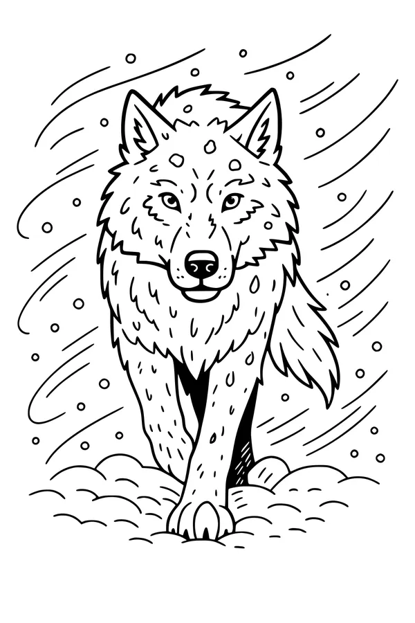 Free Wolf Coloring Page - Brave Wolf in Falling Snow (Printable PDF)