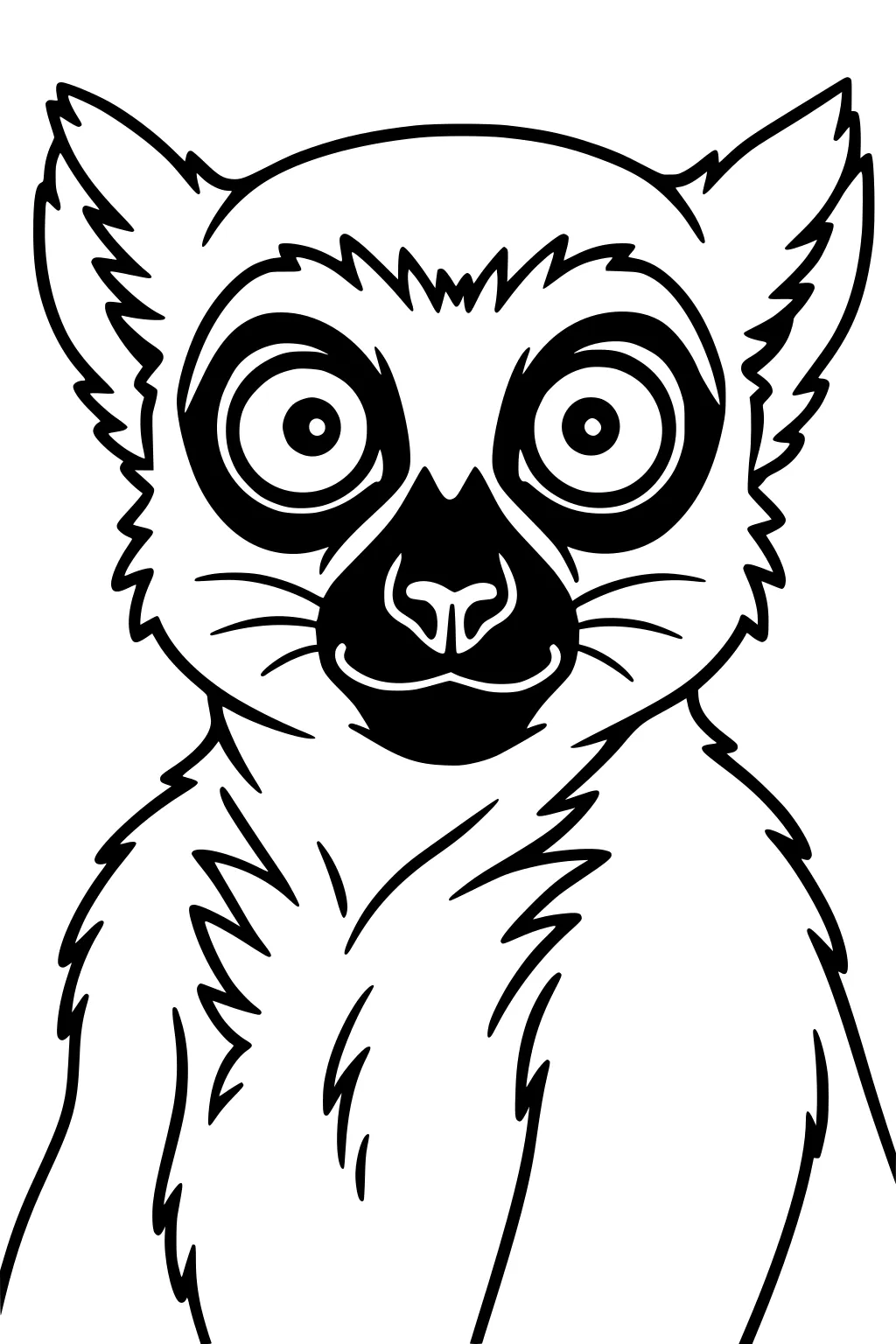 Lemur with large eyes, pointed ears, black nose, and spiky fur staring straight ahead.