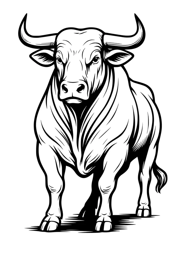 Free Bull Coloring Page - Muscular Farm Bull With Curved Horns (Printable PDF)