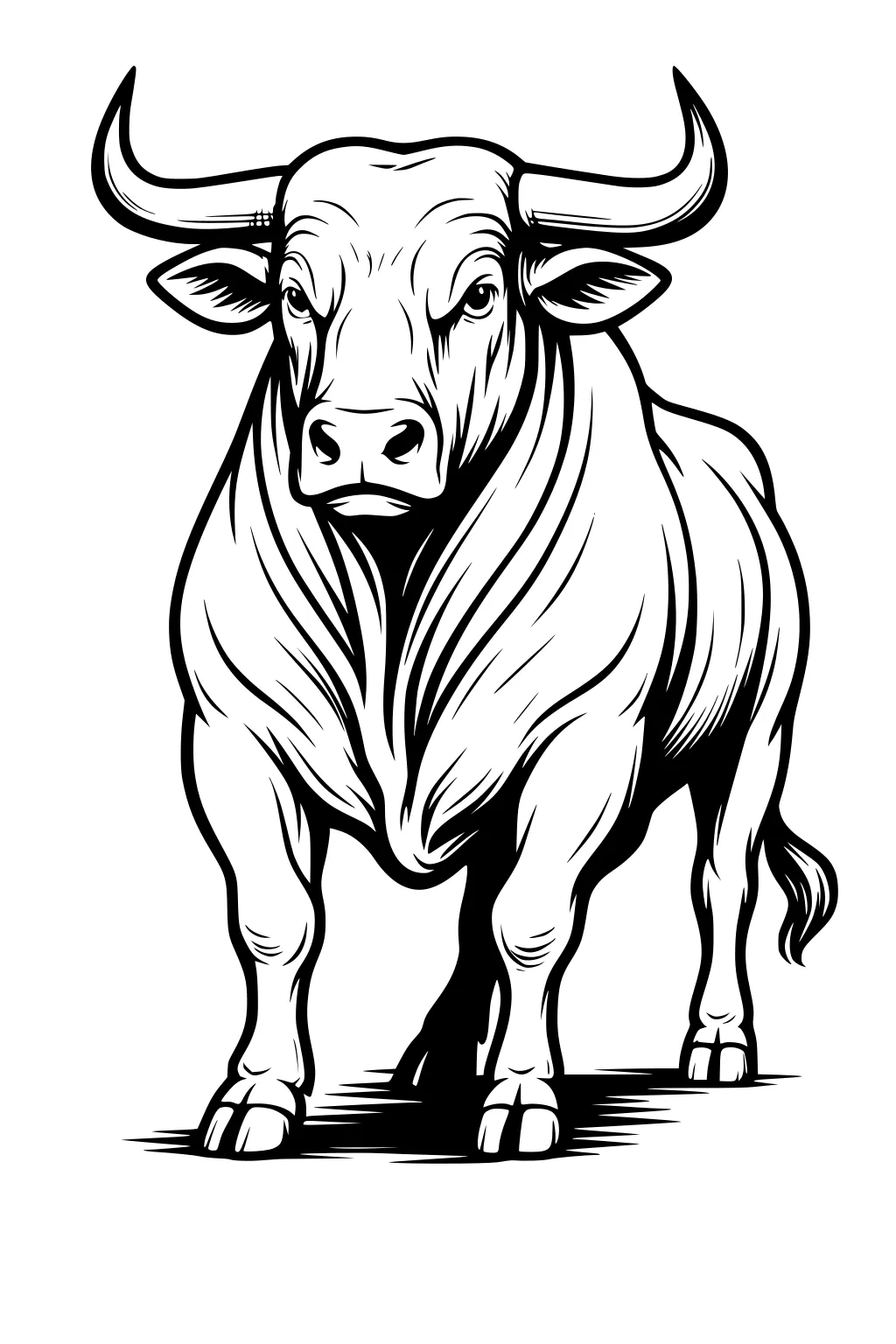 Front-facing bull with curved horns, muscular body, upright posture, and strong legs, outlined in bold black lines.