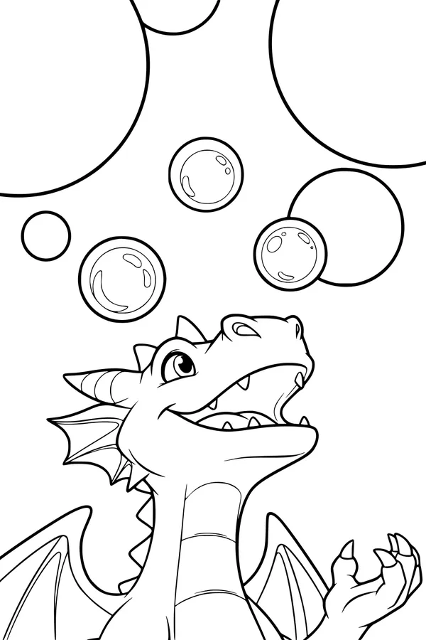 Free Baby Dragon Coloring Page - Smiling Dragon With Bubbles (Printable PDF)