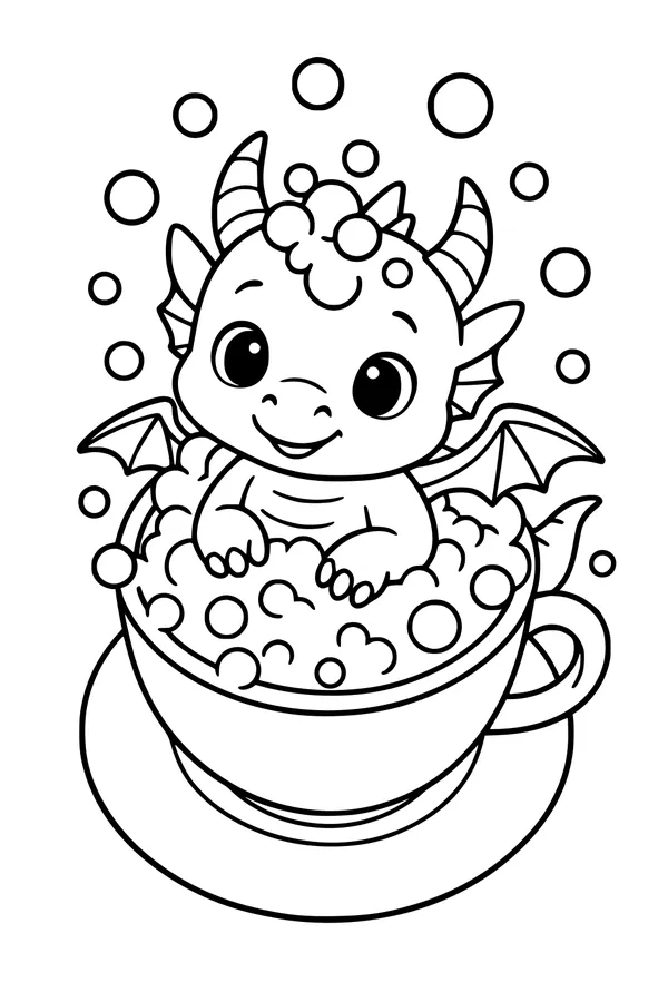 Free Baby Dragon Coloring Page - Bubble Bath in a Teacup (Printable PDF)