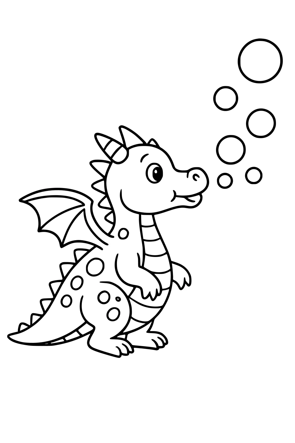Smiling baby dragon with wings and spots blows bubbles; striped belly, small horns, back spikes, curved tail in outline