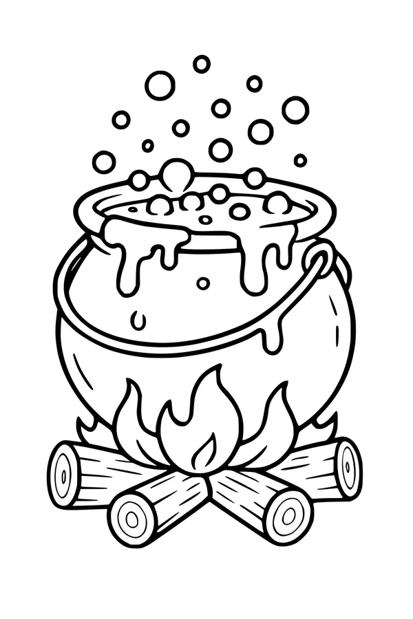 Free Witch Cauldron Coloring Page - Bubbling Potion Over Campfire (Printable PDF)