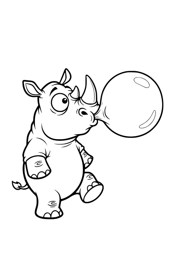 Free Rhino Coloring Page - Cartoon Rhino Blowing Bubble Gum (Printable PDF)