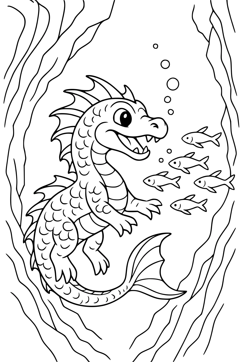 Smiling sea dragon underwater blowing bubbles beside five small fish, framed by rocky walls with spiky fins, scales, and a large tail.