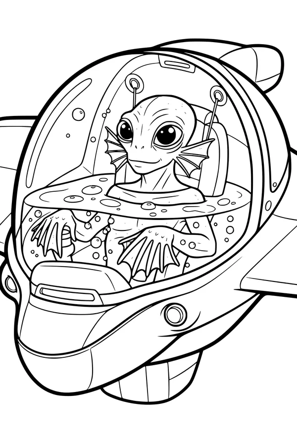 Free Alien UFO Coloring Page - Bubbly Young Pilot at the Controls (Printable PDF)