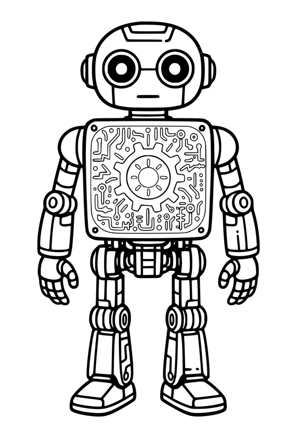 Free Robot Coloring Page - Cartoon Buddy Bot With Circuit Chest (Printable PDF)