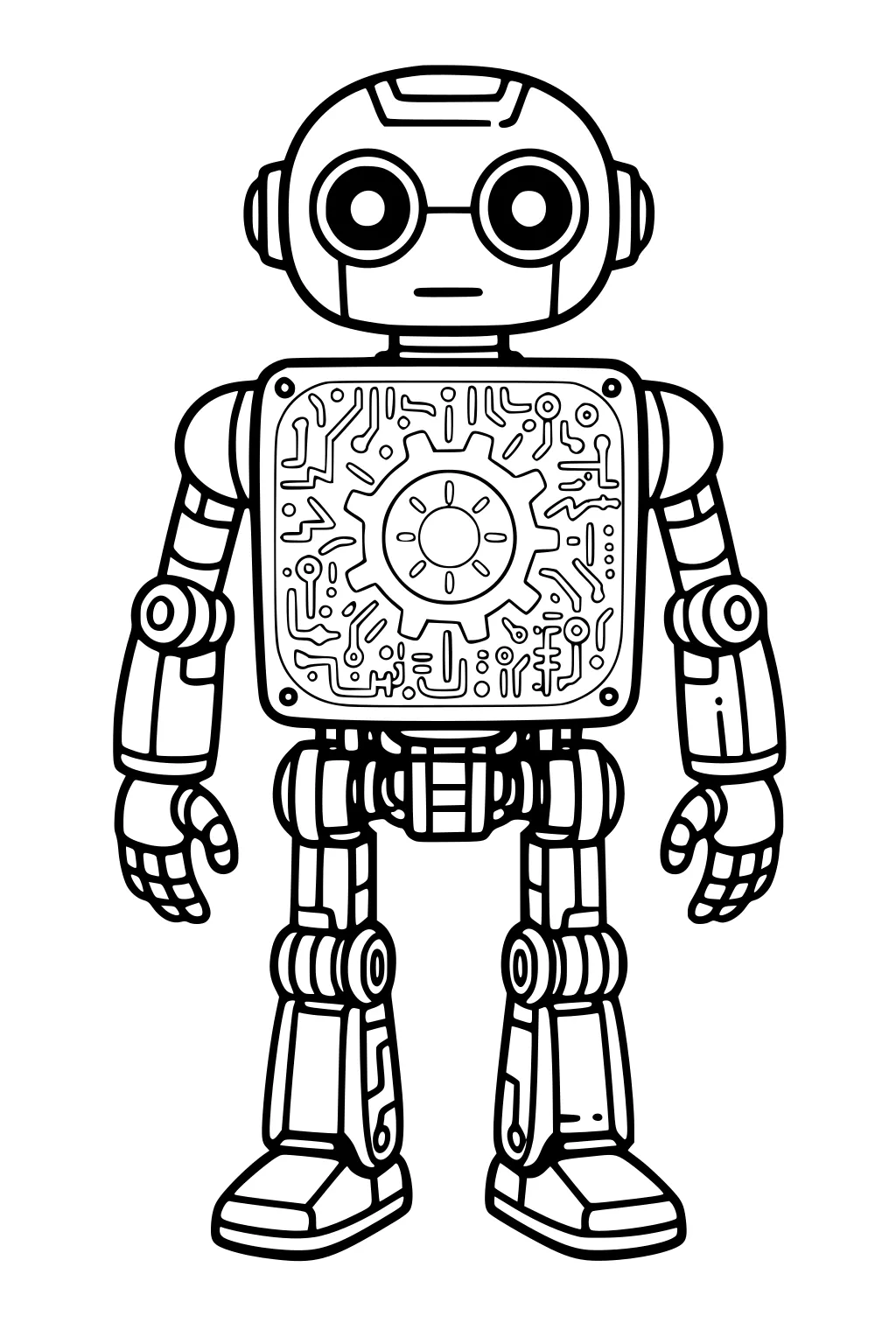Cartoon robot front view with round eyes, chest circuits and central gear, jointed arms, three-finger hands, and big boots.