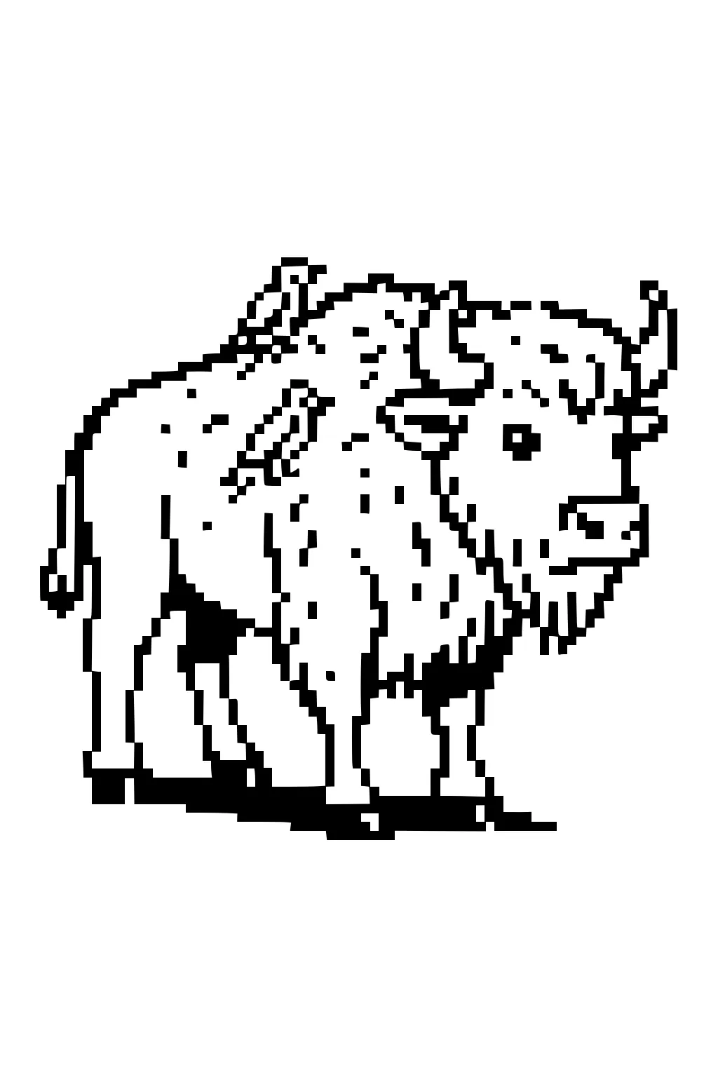 Pixel art buffalo with two birds on its back, standing and facing forward.