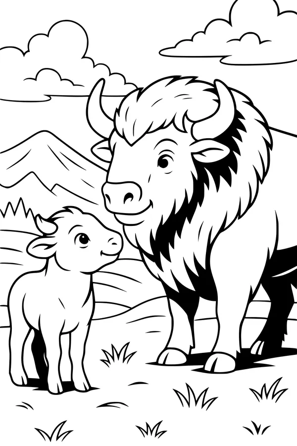 Free Buffalo Coloring Page - Adult and Calf on Mountain Prairie (Printable PDF)